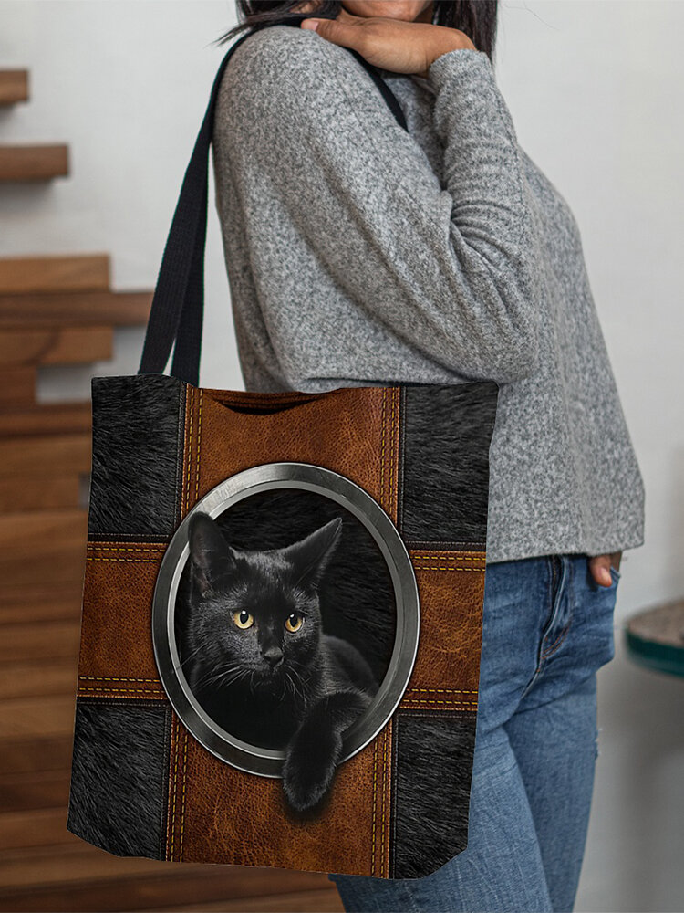 Women Felt Black Cat Print Handbag Tote