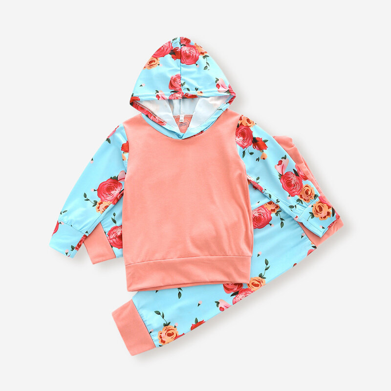 

Baby Calico Print Long Sleeves Hooded Casual Set For 6-24M, Sky blue