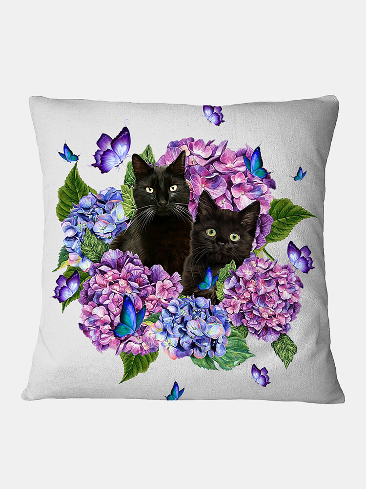 Black Cats And Flower Pattern Linen Cushion Cover Home Sofa Art Decor Throw Pillowcase