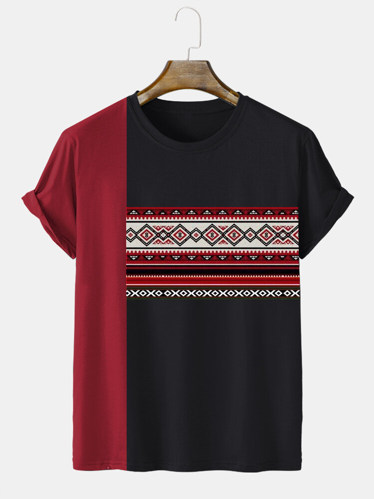 Mens Ethnic Geometric Print Patchwork Crew Neck Short Sleeve T-Shirts