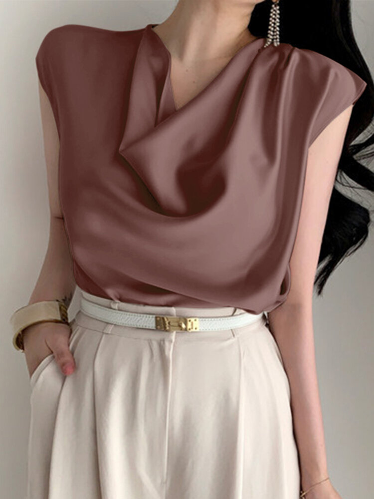 Satin Solid Cowl Neck Cap Sleeve Blouse For Women