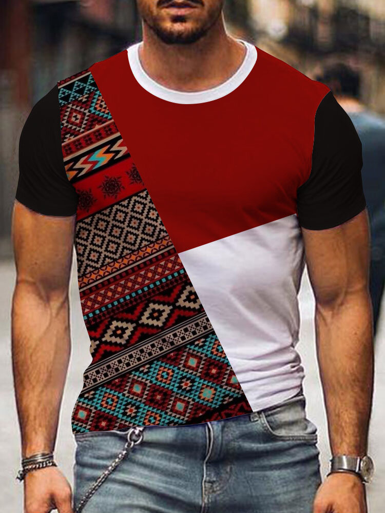 

Mens Ethnic Geometric Print Color Block Patchwork Short Sleeve T-Shirts Winter, Red