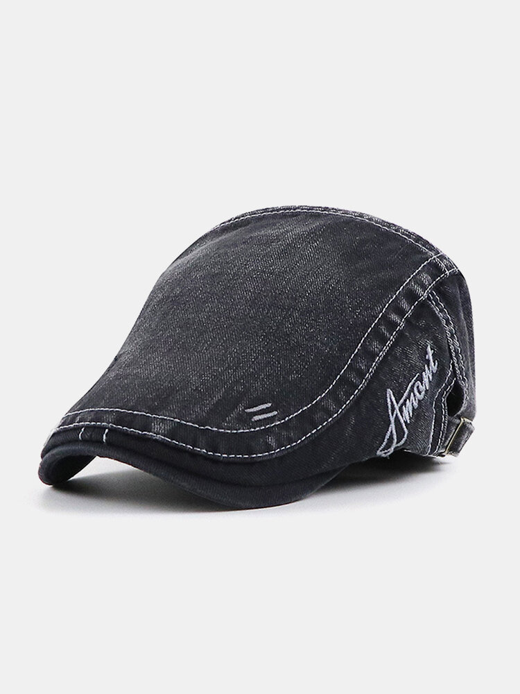

Men Distressed Washed Cotton Side Letter Embroidery Outdoor Casual Beret Flat Cap, Blue;black;army green;coffee