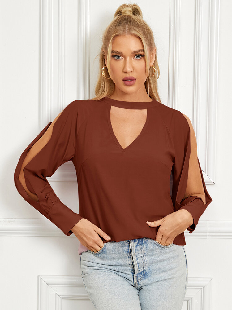Solid Cut Out Choker Neck Long Sleeve Blouse