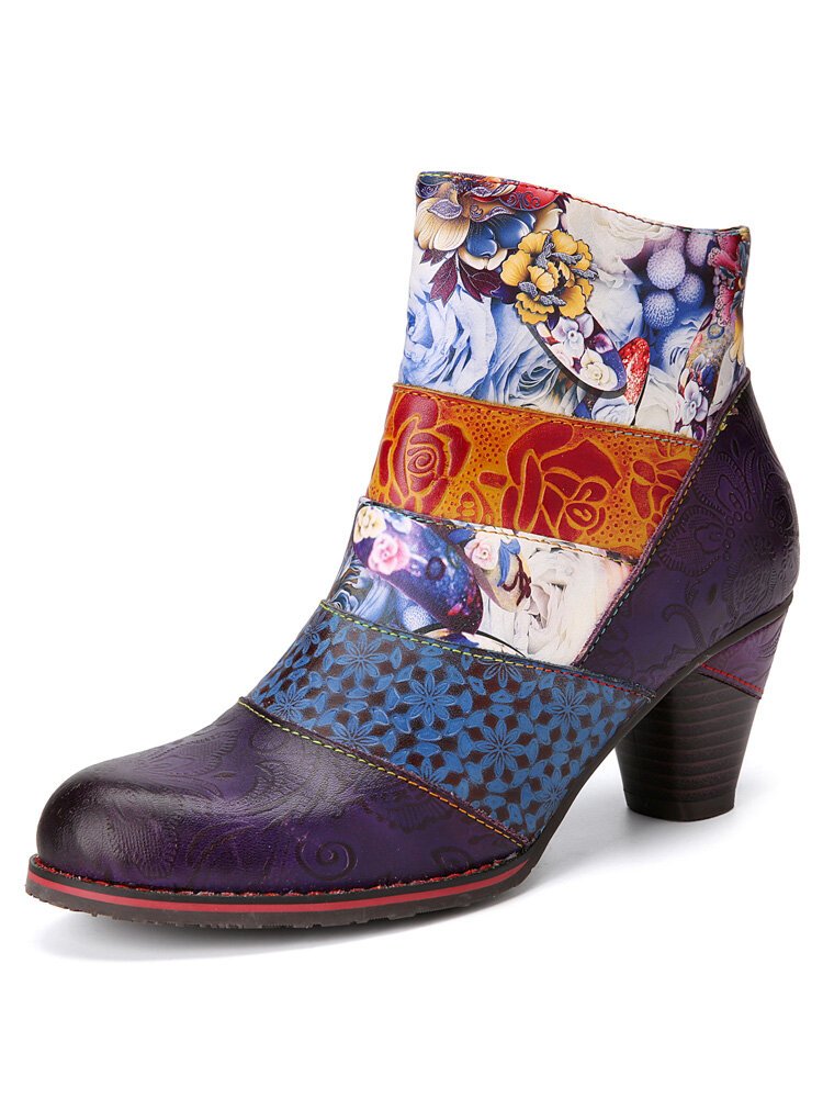 Socofy Color Block Floral Print Embossed Leather Patchwork Side-zip Comfortable Chunky Heel Short Boots