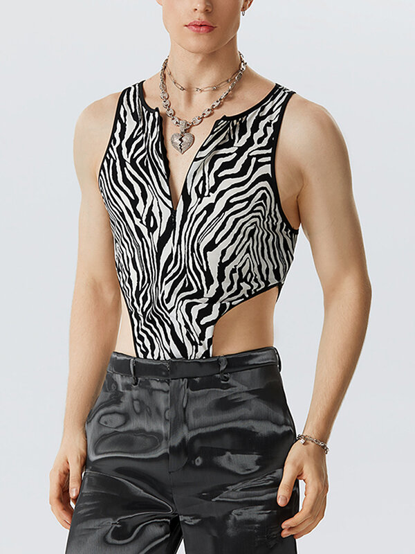 Mens Zebra Pattern Zip Front Sleeveless Bodysuit