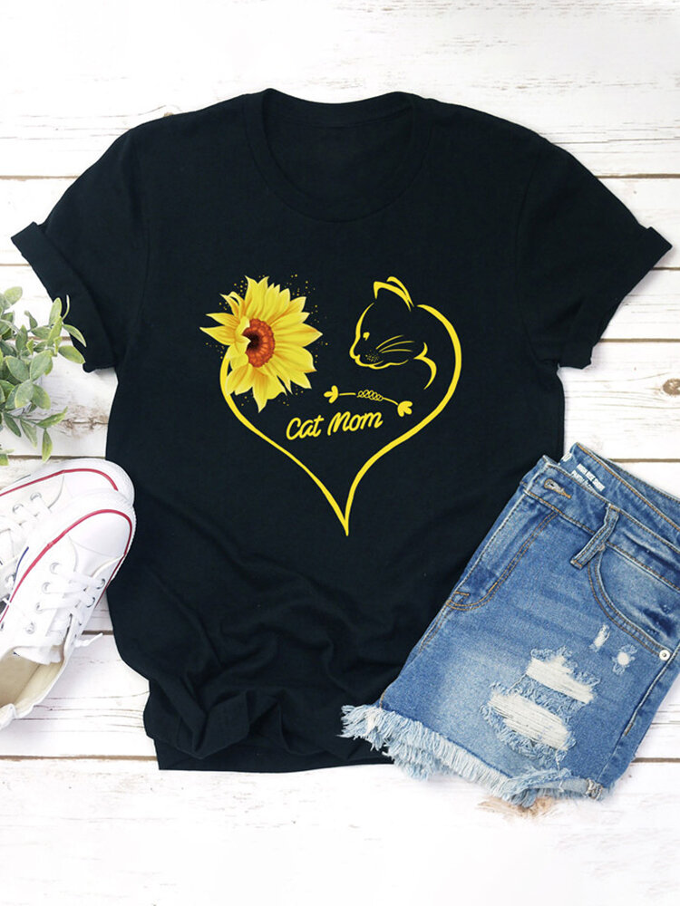 Sunflower Cat Print Short Sleeve Causal T-shirt For Women