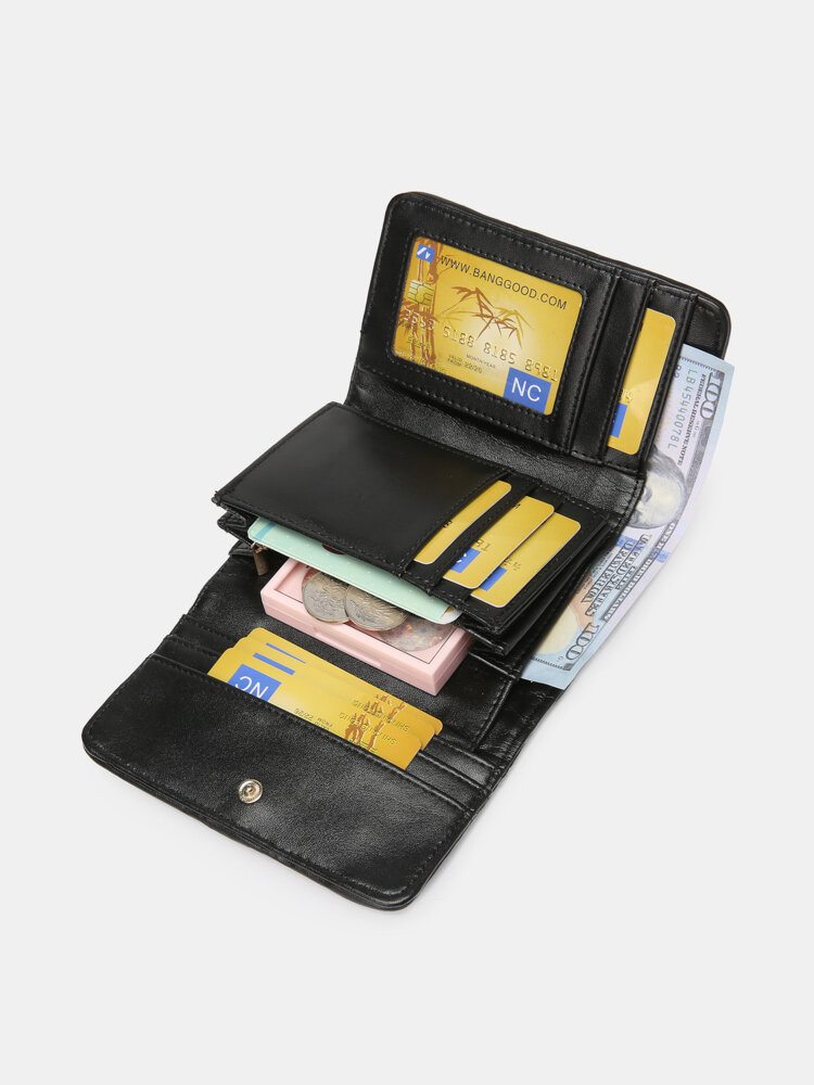 Carteira de couro genuíno multifuncional tecido treliçado cartão Bolsa bolsa