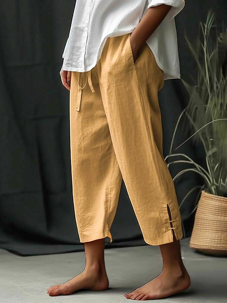 Women Solid Split Cuff Cotton Casual Cropped Pants