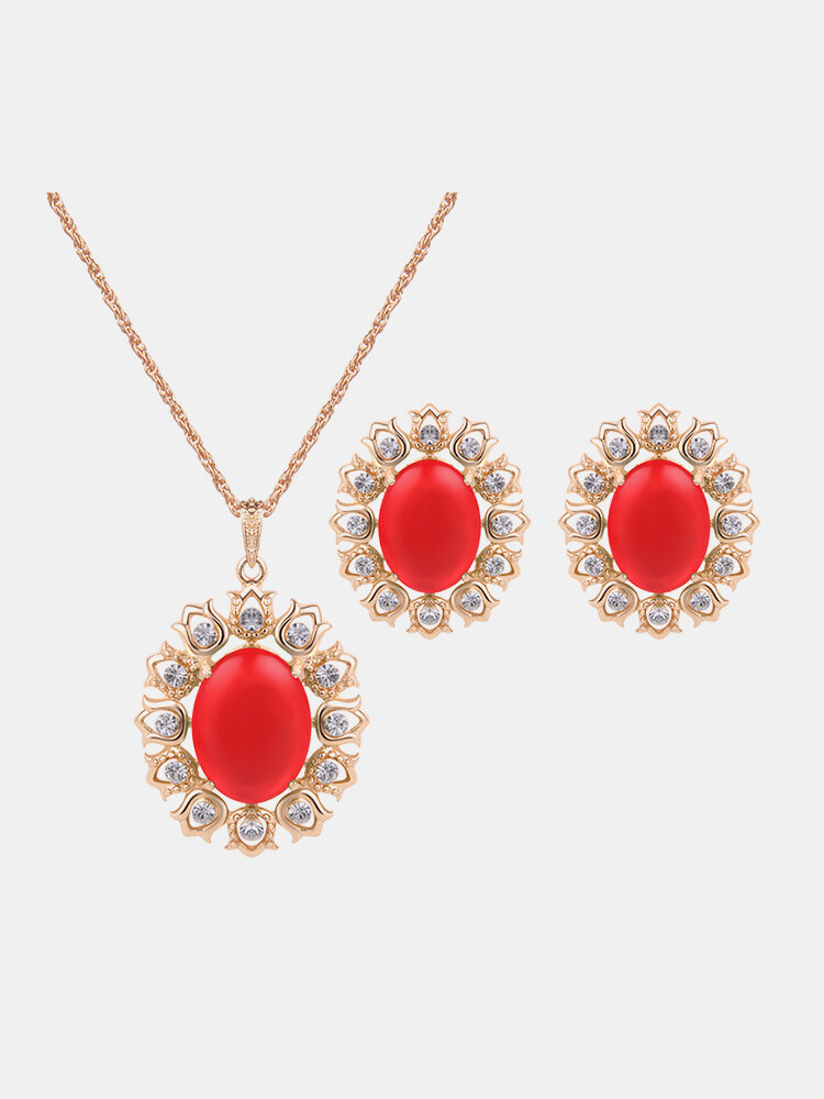 Luxury Jewelry Set Rhinestone Flower Opal Earrings Necklace Set