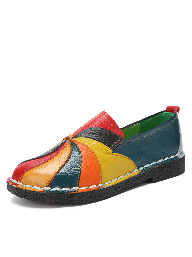 Socofy Genuine Leather Hand Made Splicing Colorblock Elastic Slip-On Soft Comfy Casual Flat Shoes