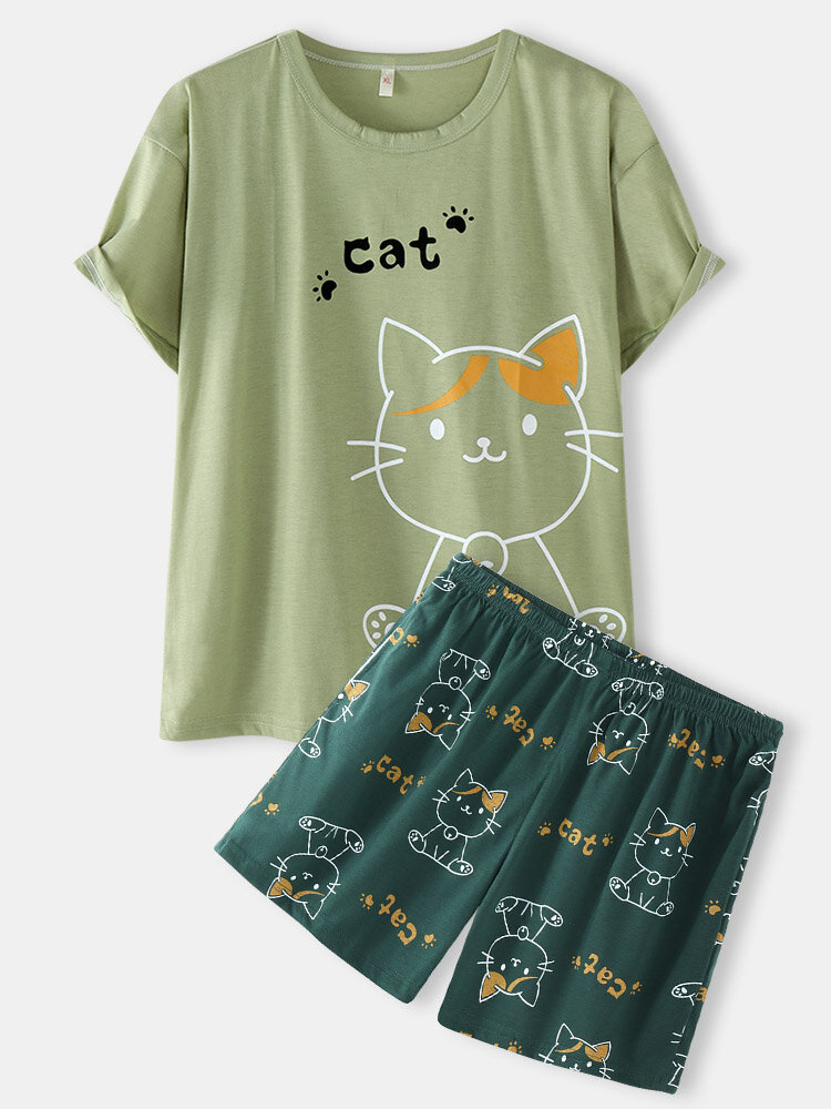 

Wome Cute Cartoon Cat Print Crew Neck Cotton Loungewear Pajamas Sets, Pink;red;green