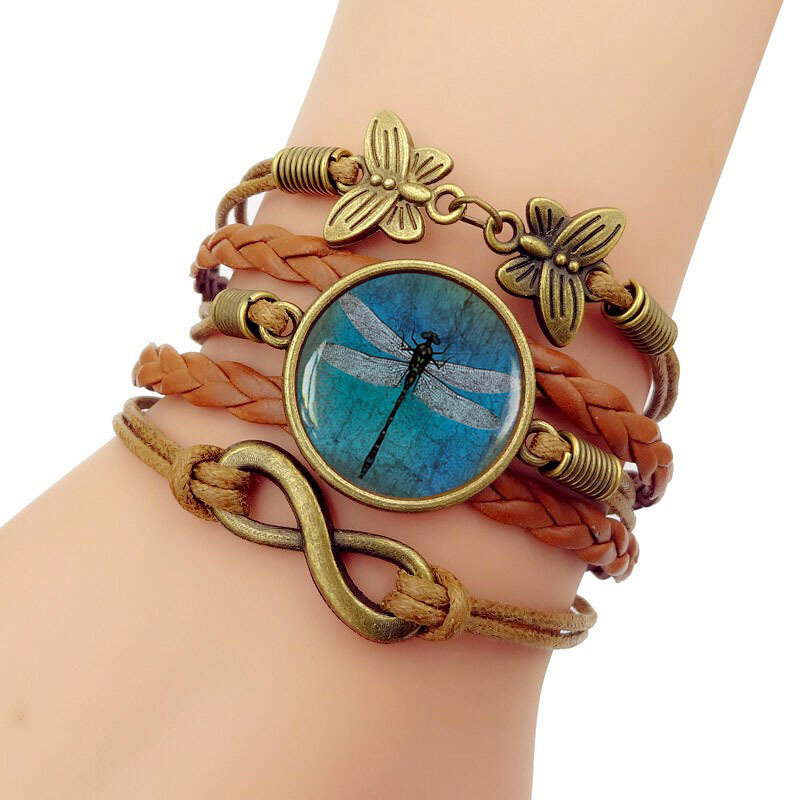 

Retro Amber Blue Dragonfly Braided Bracelet Time Gemstone Infinite Symbol Printed Leather Bracelet, Blue;white;brown;pink