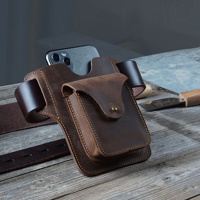 

Men Genuine Leather EDC Multifunction Phone Bag Card Case Belt Sheath, Khaki;coffee