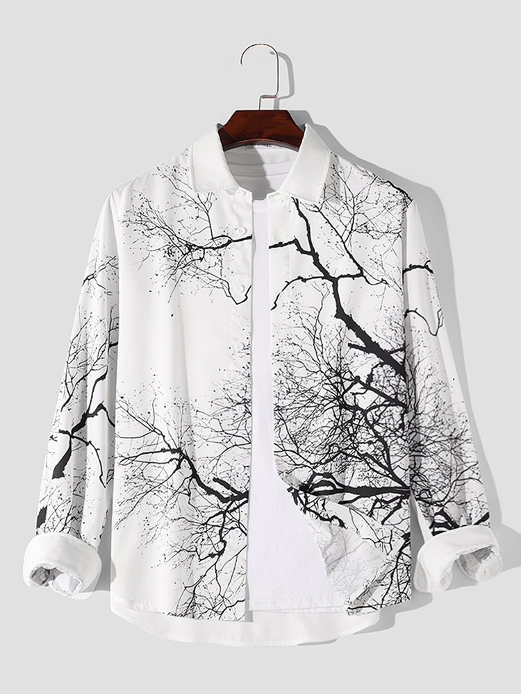 Camisas de manga larga con solapa y estampado de tinta de árbol de estilo chino para hombre