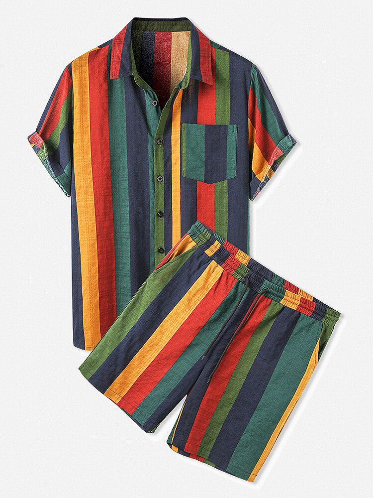 Men Thin & Breathable Cotton Outfits Sets Colorful Stripe Holiday Short Sleeve Two Pieces