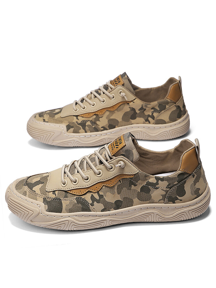 

Men Camouflage Ice Silk Cloth Breathable Soft Lace Up Stitching Casual Shoes, Khaki;black;gray