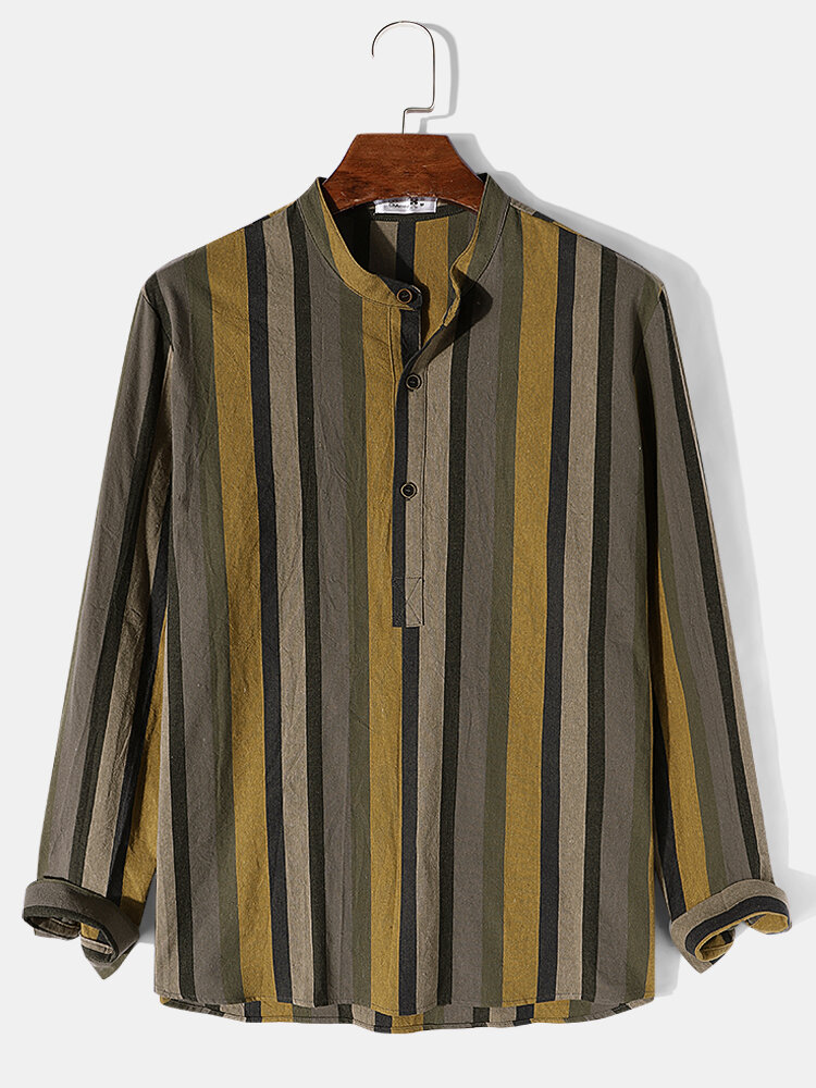 Mens Vertical Striped Half Button Cotton Long Sleeve Henley Shirts