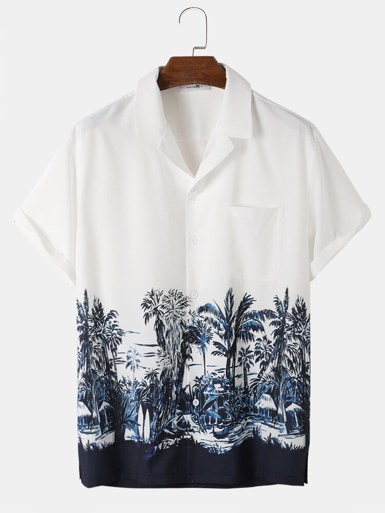 Mens Plant Landscape Print Short Sleeve Revere Collar Shirt