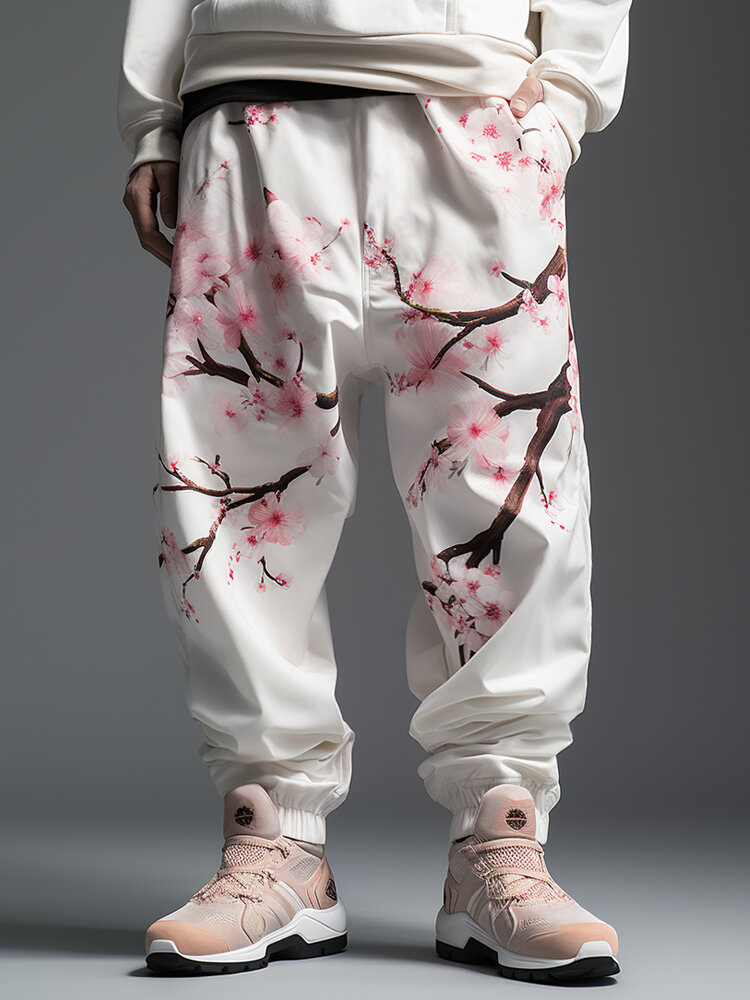 Mens Japanese Cherry Blossoms Print Elastic Cuff Loose Pants Winter