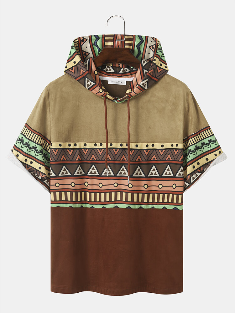 Mens Ethnic Geo Pattern Faux Suede Patchwork Short Sleeve Hooded T-Shirts