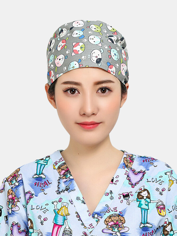 Cartoon Print Tie-back Surgical Caps Scrub Hat