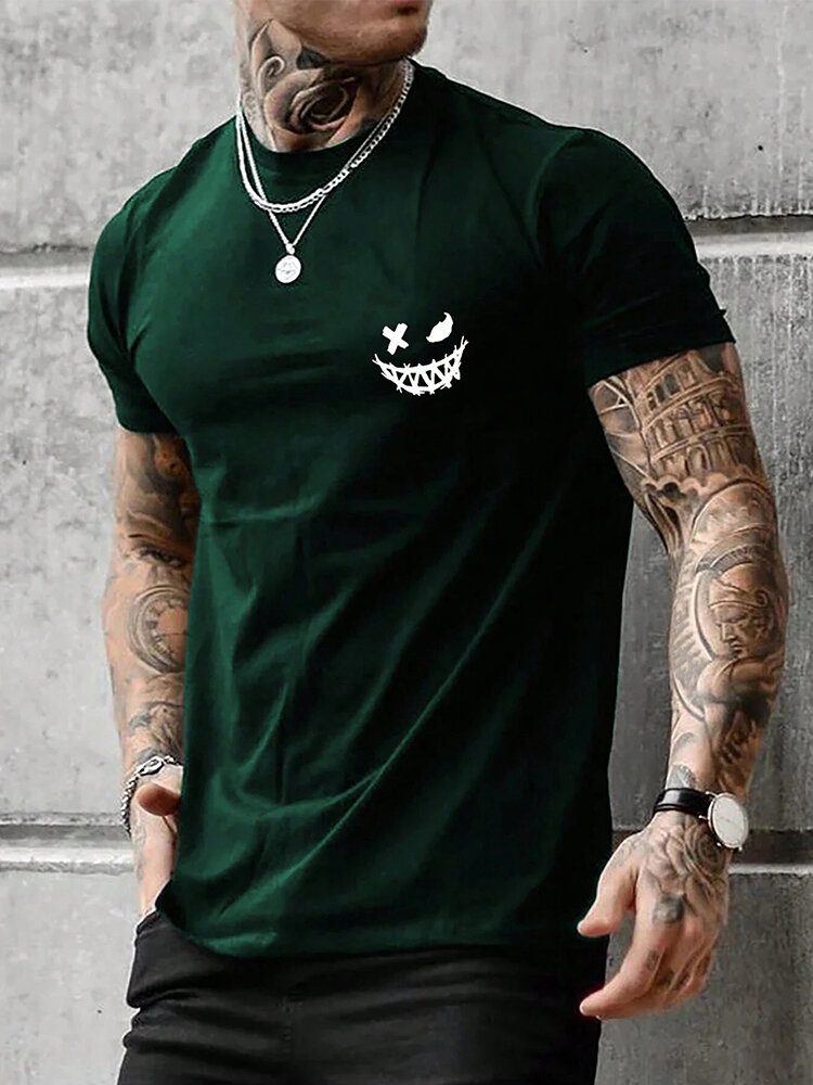 Camisetas masculinas engraçadas com estampa de sorriso e gola redonda de manga curta