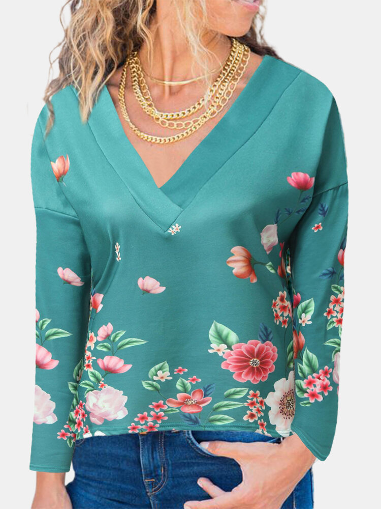 Floral Print V-neck Long Sleeves Casual Sweatshirt For Women