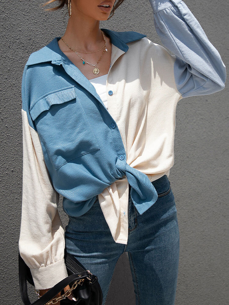 Chemise boutonnée à revers et à manches longues avec poche de couleur contrastante