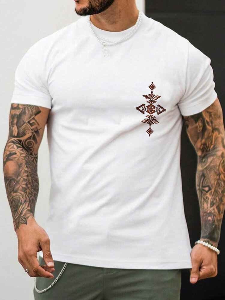 

Mens Ethnic Geometric Totem Print Crew Neck Short Sleeve T-Shirts Winter, White