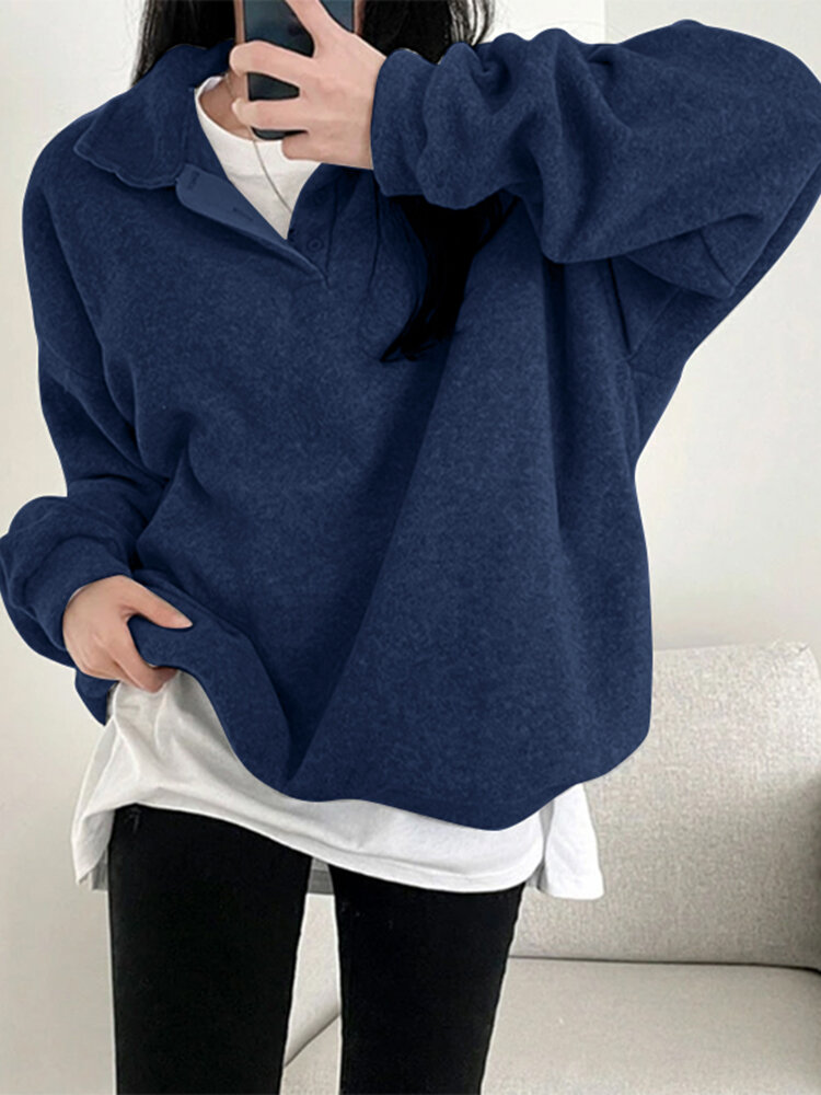 

Solid Loose Lapel Drop Shoulder Long Sleeve Sweatshirt, Blue;cameo;gray