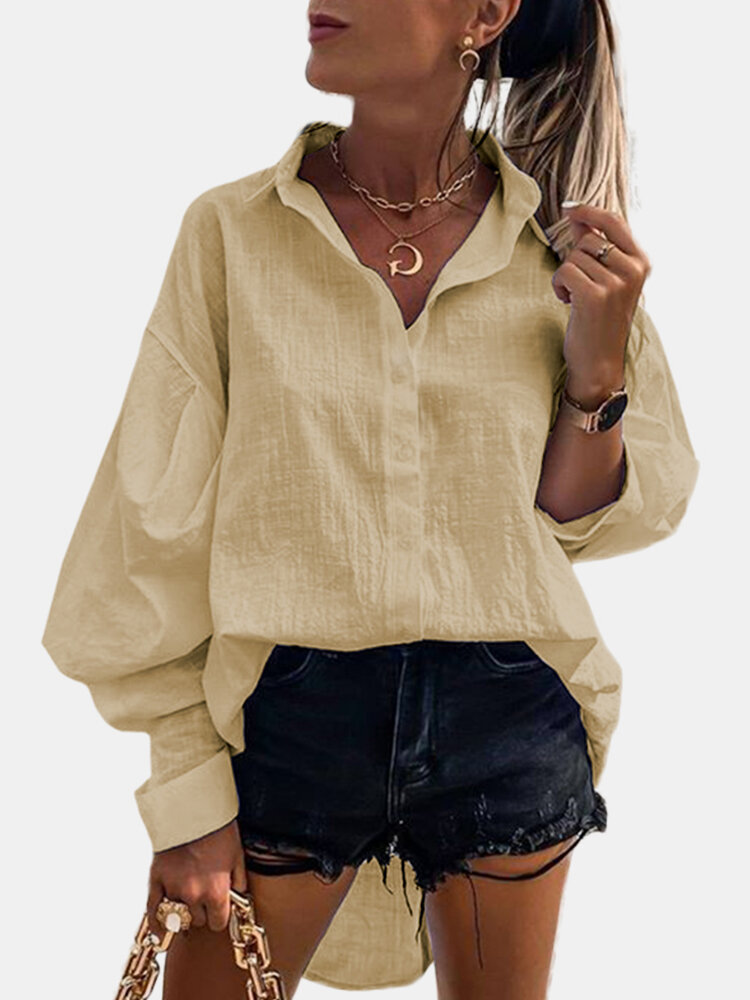 Casual Solid Color Pleated Long Sleeve Loose Cotton Shirt