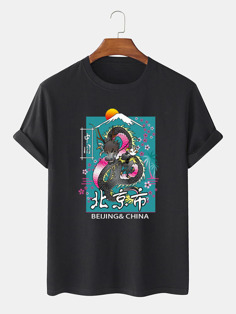 Camisetas masculinas chinesas Dragão com estampa floral e gola redonda de manga curta