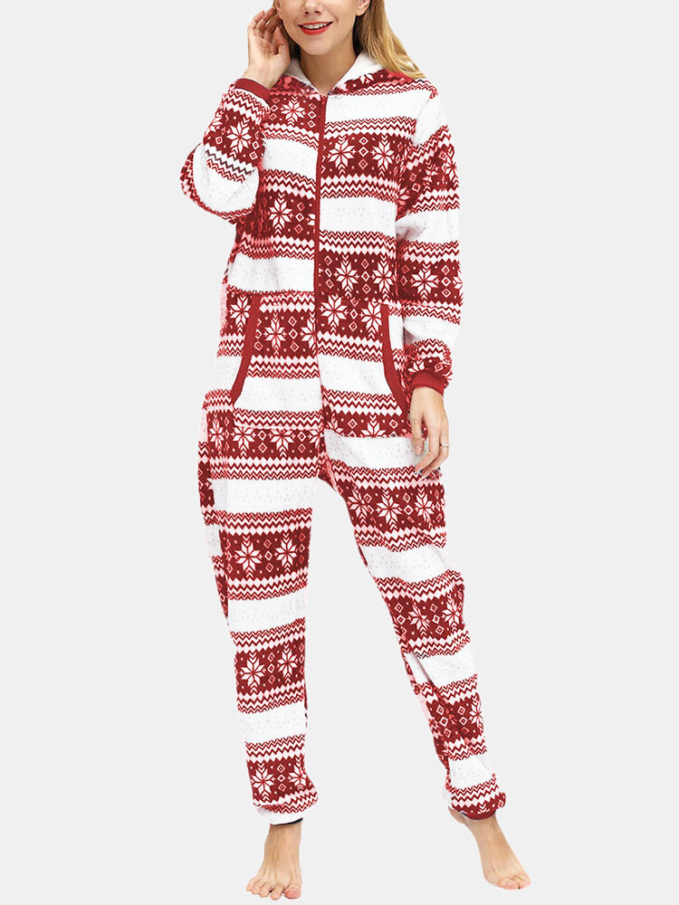 Plus Size Women Christmas Snowflake Printed Colorblock Hooded Pajama Sets