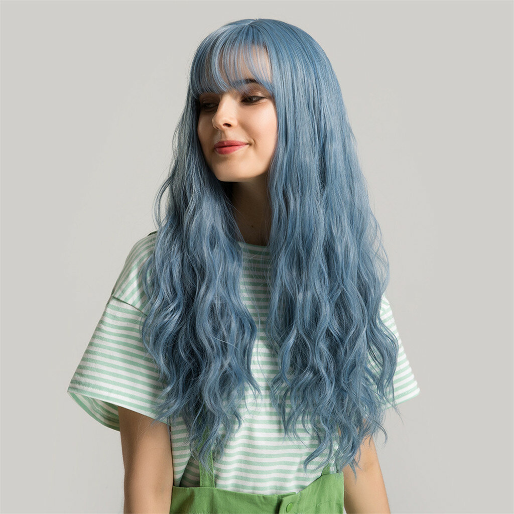 

24 inch Blue Neat Bangs Wig Synthetic Hair with Bangs Natural Fluffy Long Wavy Hair Wigs
