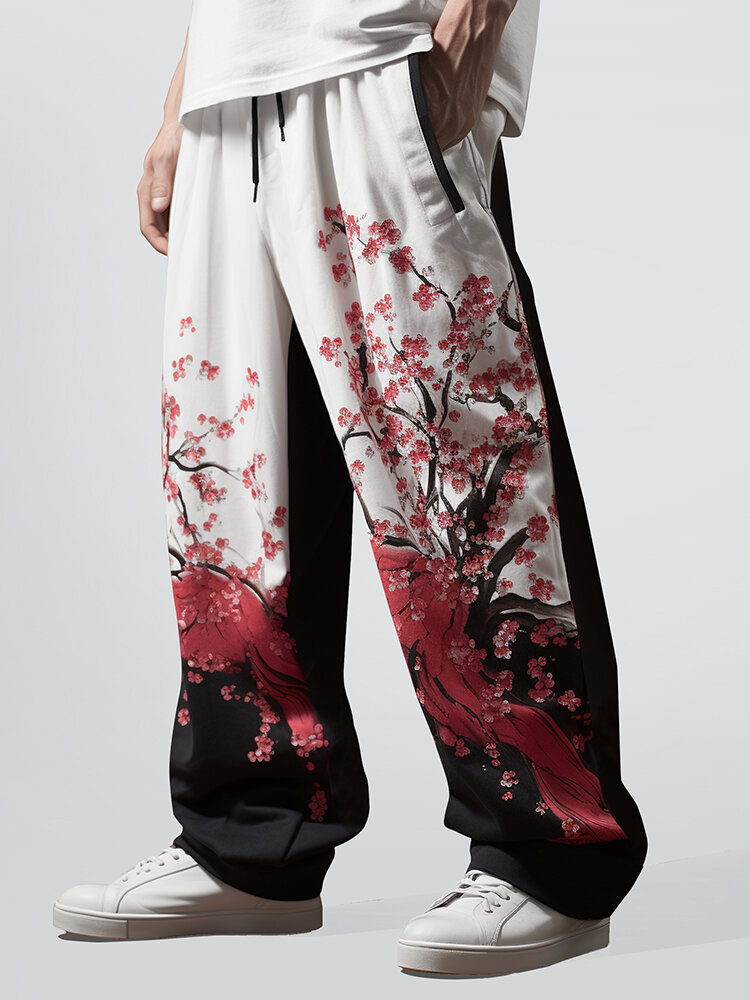 

Mens Japanese Floral Print Patchwork Drawstring Waist Straight Pants, White