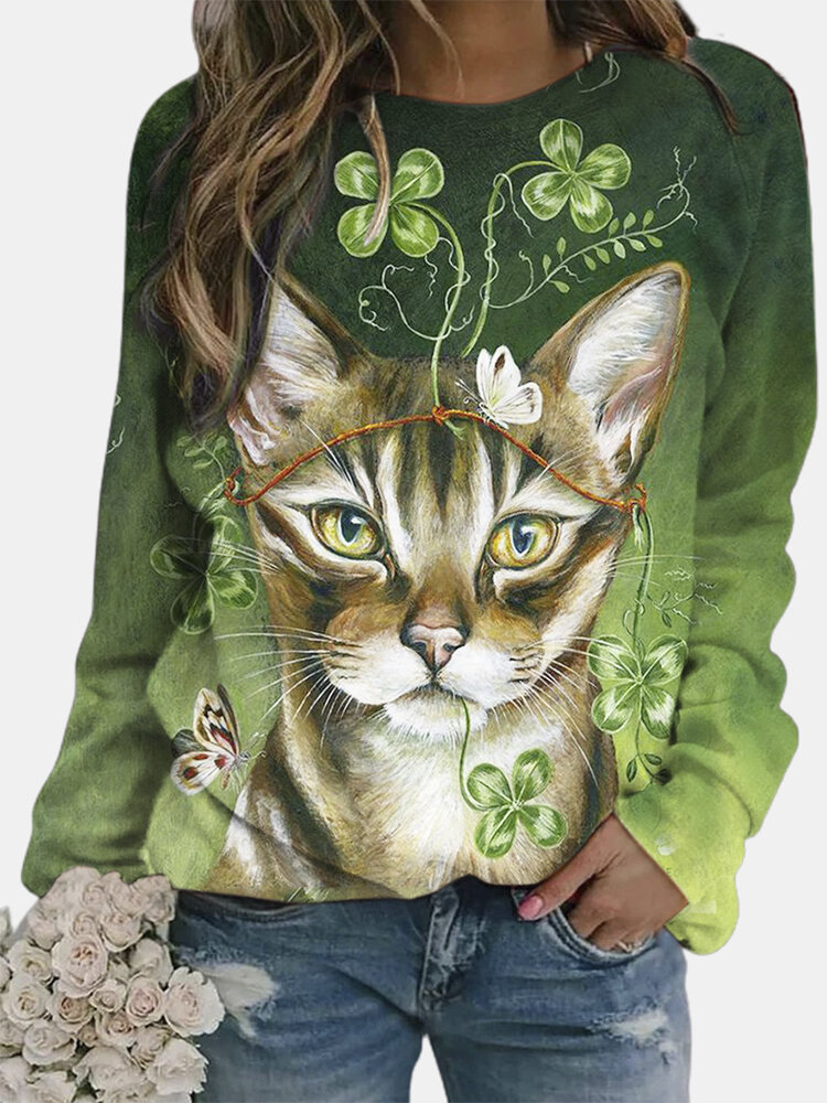Forest Cat Print O-neck Vintage Long Sleeve Plus Size Sweatshirt