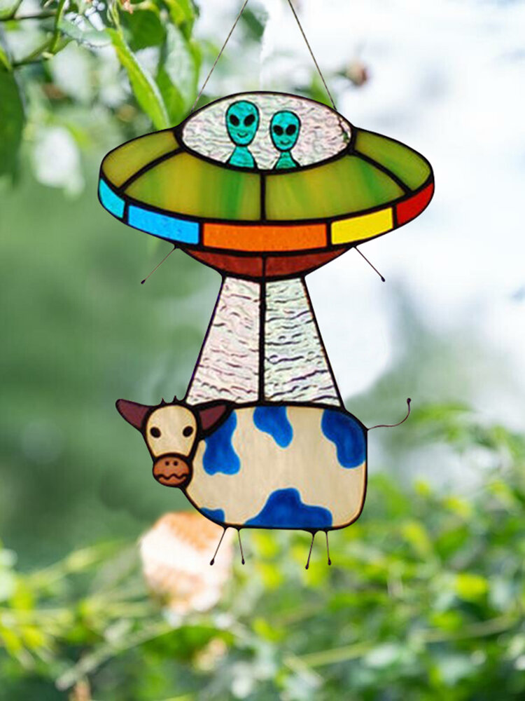 Acrylic UFO Alien Cow Suncatcher Decor Glass Window Car Charm Hanging Pendant Home Garden Ornament Decoration