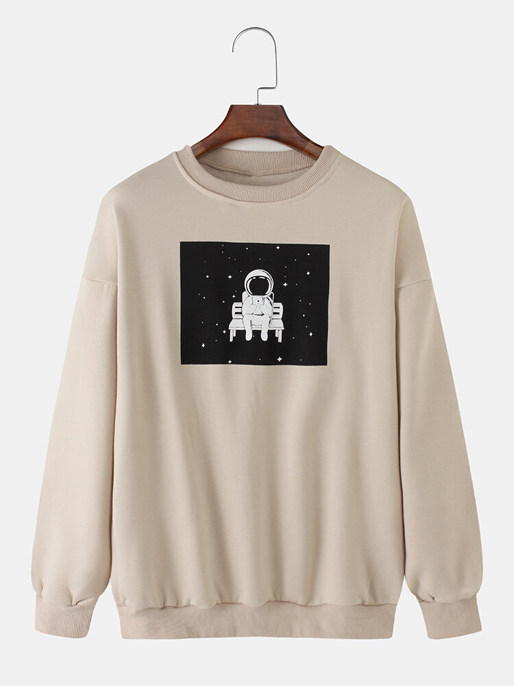 Mens Cotton Astronaut Graphic Chest Print Solid Loose Crew Neck Sweatshirt