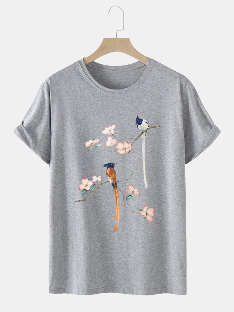 Mens Flower & Bird Print Chinese Style 100% Cotton Short Sleeve T-Shirts