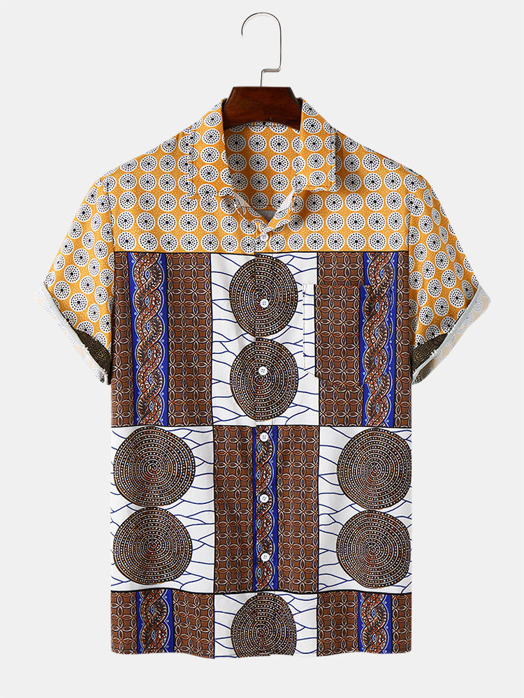 Mens Geometric Patchwork Print Buttons Short Sleeve Shirts
