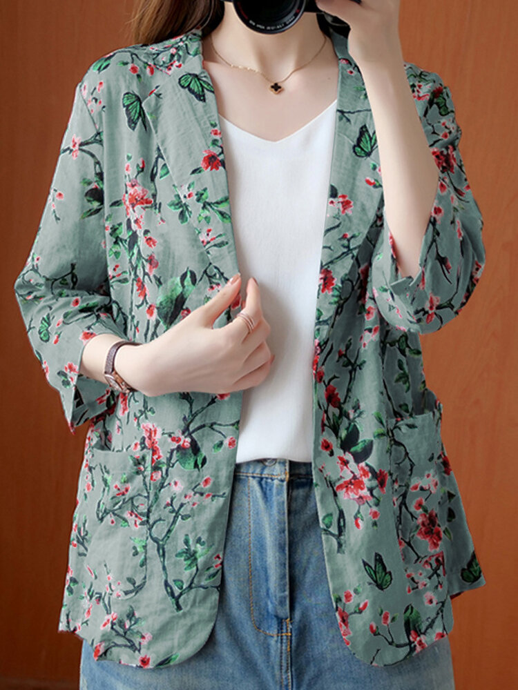Floral Printed Pockets 3/4 Sleeve Casual Jacket