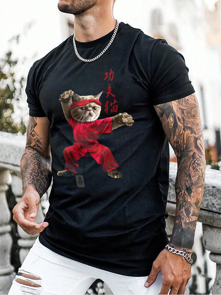 Camisetas masculinas chinesas Kongfu Cat com estampa de gola redonda de manga curta de inverno