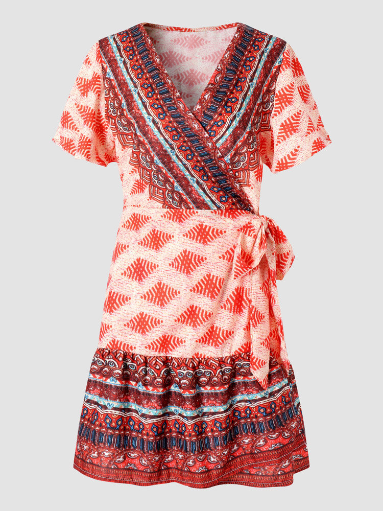 Bohemian Printed Wrap V-neck Short Sleeve Mini Dress