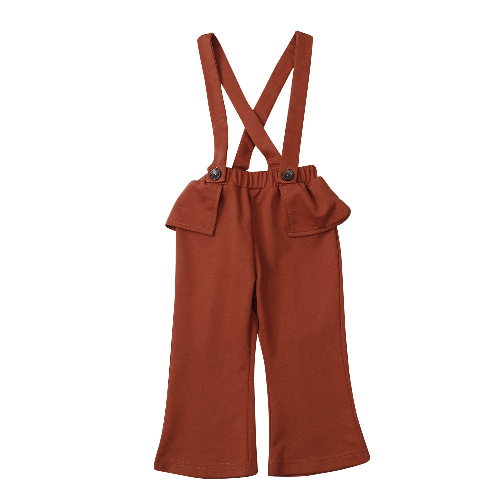 

Solid Color Girls Jumpsuits Overalls Suspender Long Pants For 1Y-9Y, Brown