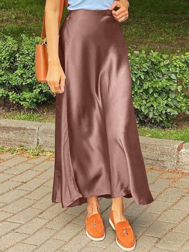 Women Satin Solid Color Side Zip Casual Skirt