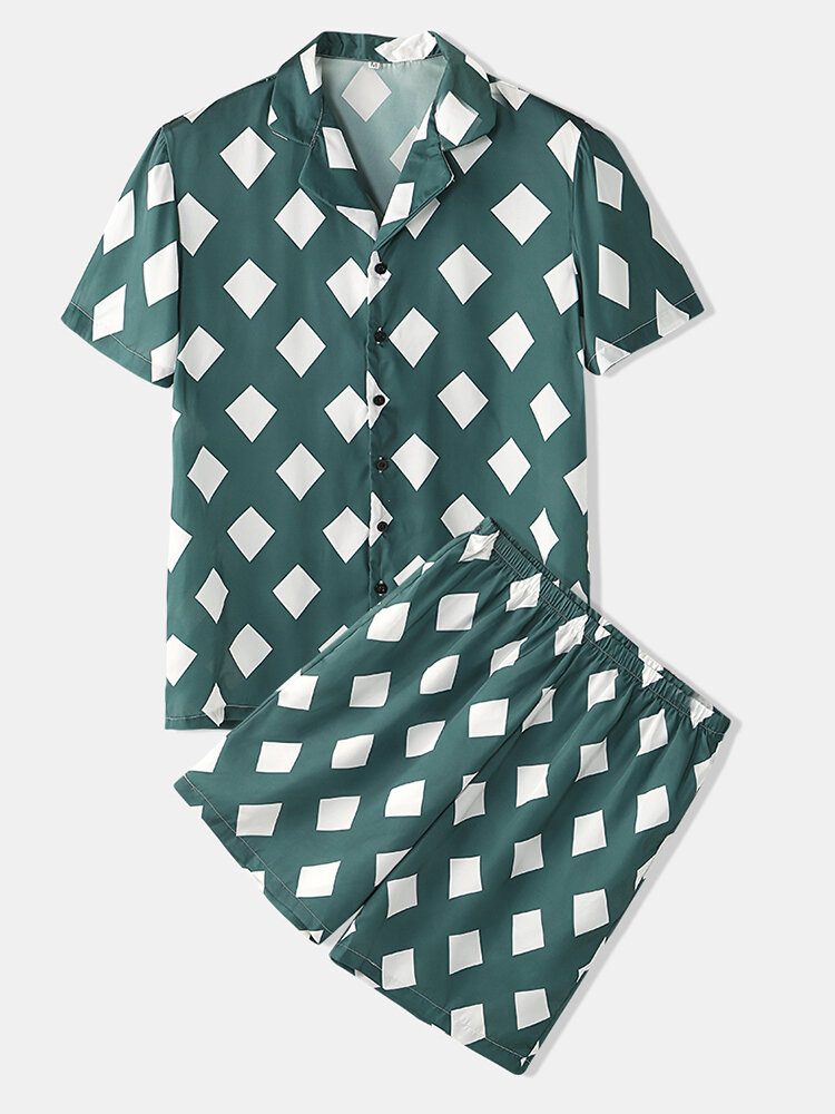 Men White Square Print Sets Lapel Collar Faux Silk Pajamas Summer Thin Breathable Loungewear