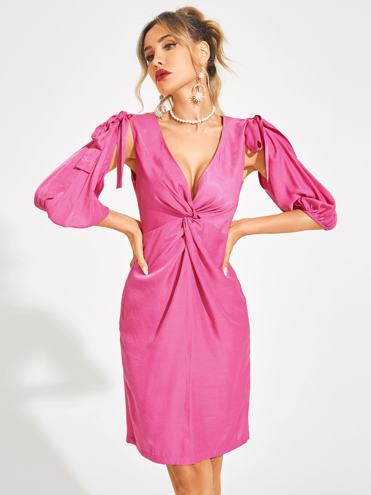 

Deep V Neck Twist Detachable Sleeve Solid Color Mini Dress, Rose