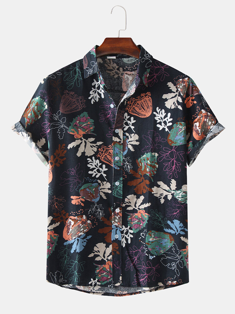 Mens Vintage Summer Breathable Floral Printed Short Sleeve Shirts