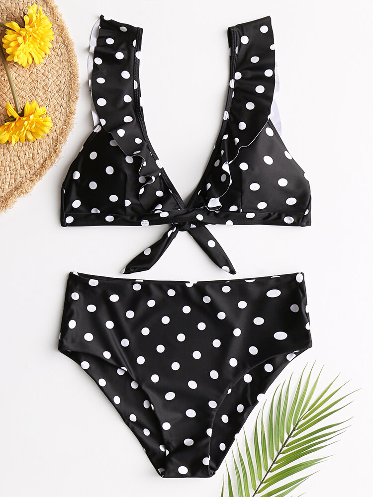 

Women High Waist Bikini Polka Dot Tie Front Flounce Sleeves Swimwear, White;black